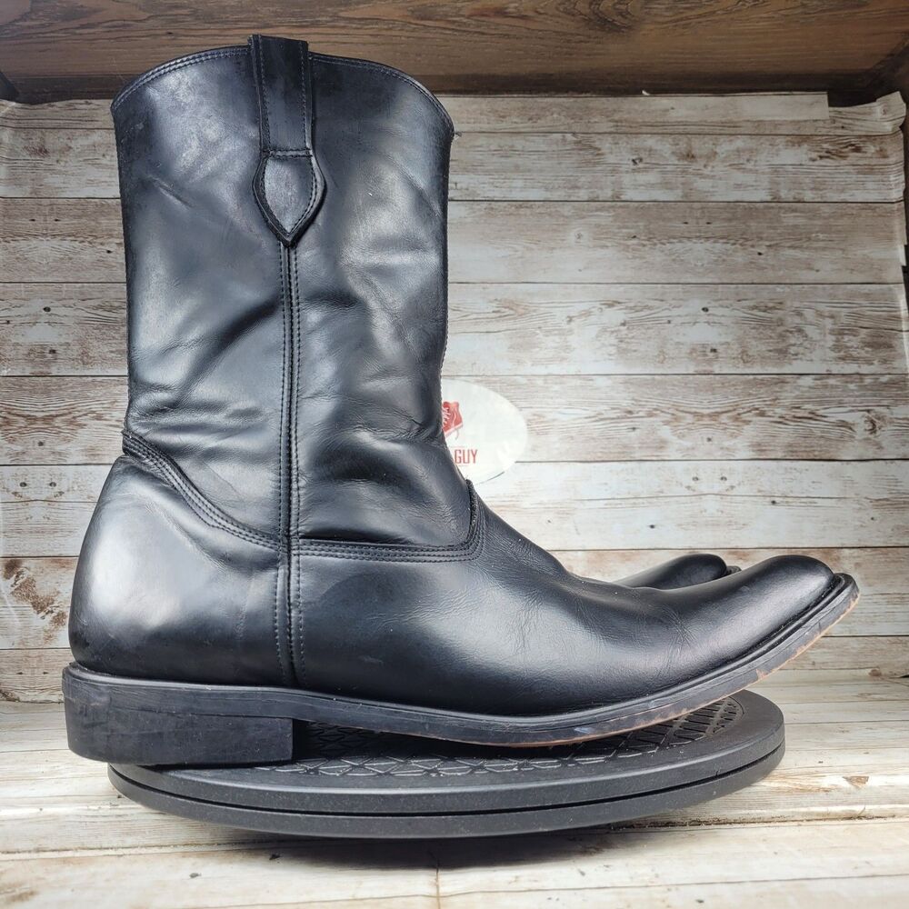 Vintage Men's Size 10 Western Cowboy Boots Black Leather Mid Calf Side Zip Biker